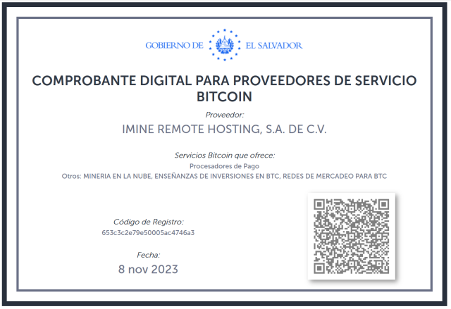 iMineはエルサルバドル中央銀行にビットコインサービスプロバイダーとして登録を受けてる