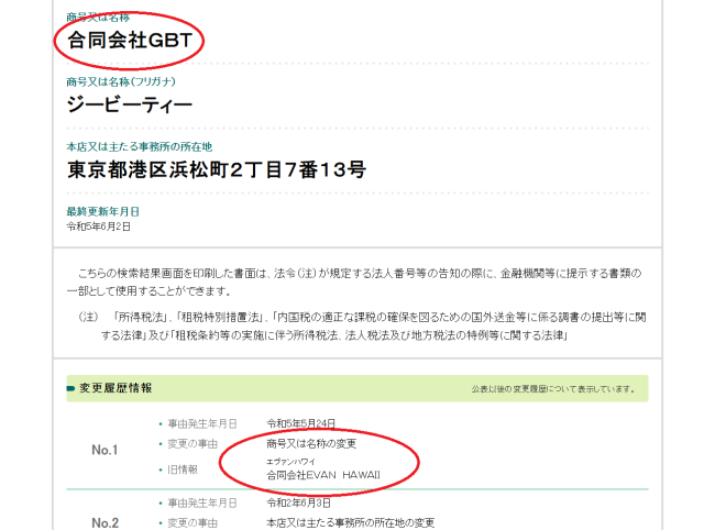 2023年5月、エヴァンハワイは「合同会社GBT」に名称変更