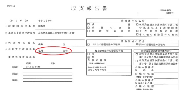 亀岡宏和は政治団体「創高会」の会計責任者
