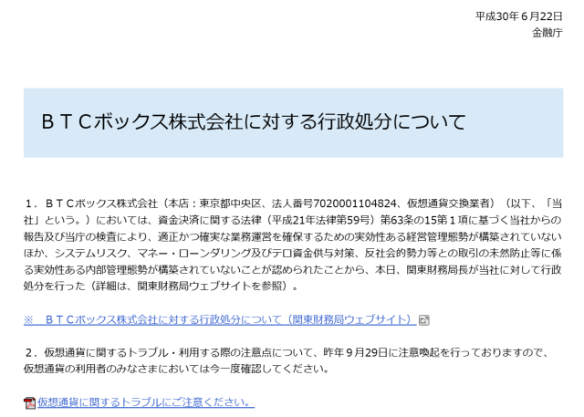 BTCボックス株式会社の行政処分